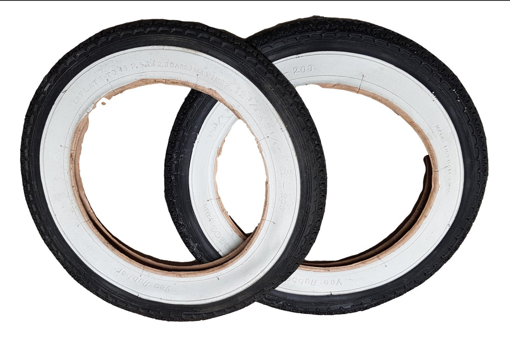 PAIR (2) 12 1-2" X 2 1-4" 62 - 203 KIDS CHILD BIKE WHITEWALL TYRES SCOOTER NOS