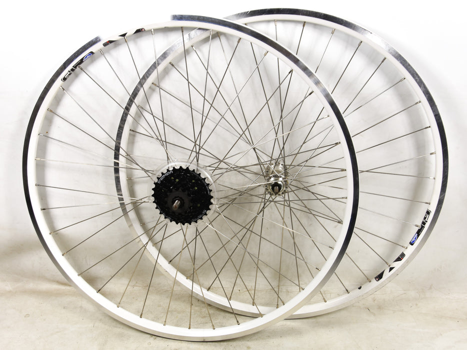 PAIR 700c WHEELS DUAL WALL WHITE 622-19 SHIMANO HUB 7 SPD HYBRID TREKKING BIKE