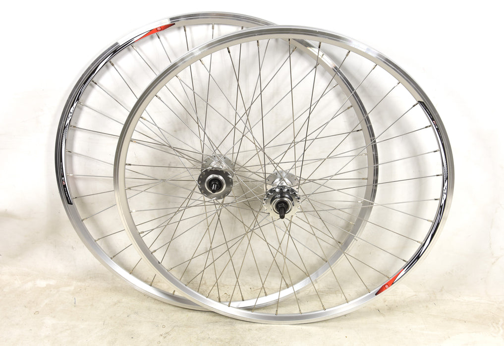 PAIR SILVER 700c (622-13) FLIP FLOP FIXIE WHEELS DOUBLE WALL RIMS STAINLESS SPOKES