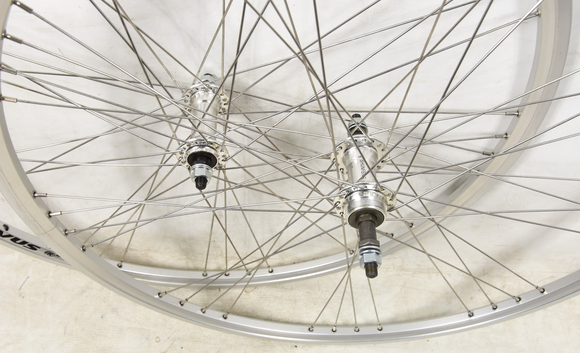 PAIR 700C WHEELS DUAL WALL 9 X 4 SPOKE SILVER (622 X 17)130MM OLD 5/6/7 SPEED SUIT ROAD HYBRID