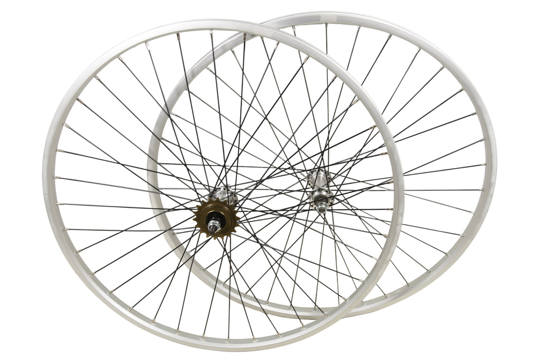 PAIR 26 x 1 3-8” WHEELS ALLOY RIMS SINGLE SPEED WITH FREEWHEEL BLACK SPOKES