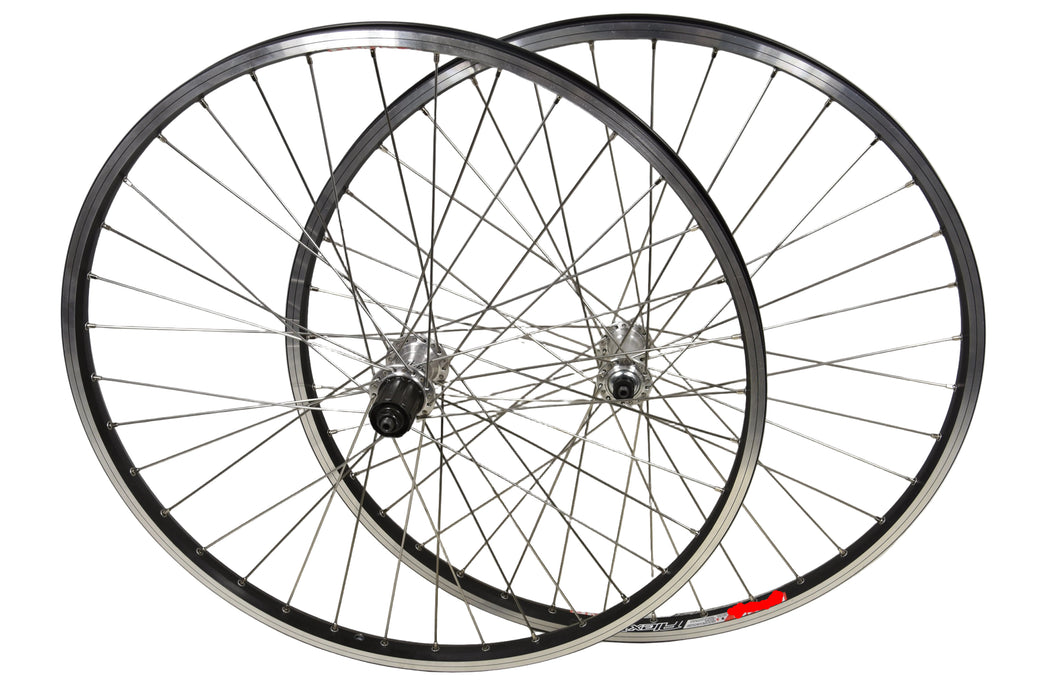 PAIR 26" MTB BIKE WHEELS SHIMANO 8-9 SPEED CASSETTE ALEX DH19 BLACK DOUBLE WALL RIMS