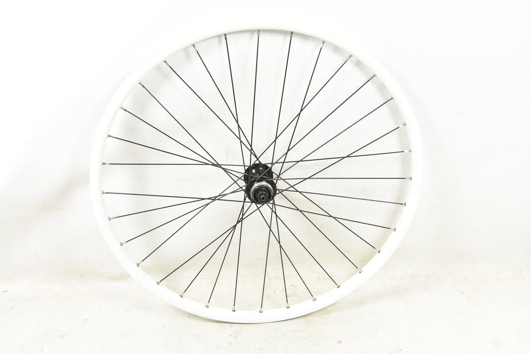 PAIR WHITE 26" 559 - 19 CENTRE LOCK DISC WHEELS SHIMANO TX505 8/9/10 SPEED CASSETTE