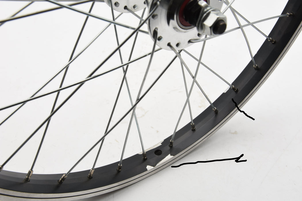 20 x 1.75 BLACK FRONT ALLOY 406 RIM WHEEL IDEAL FOLDERS, KIDS BIKES 100mm OLD (PAINT PEEL LOW PRIC