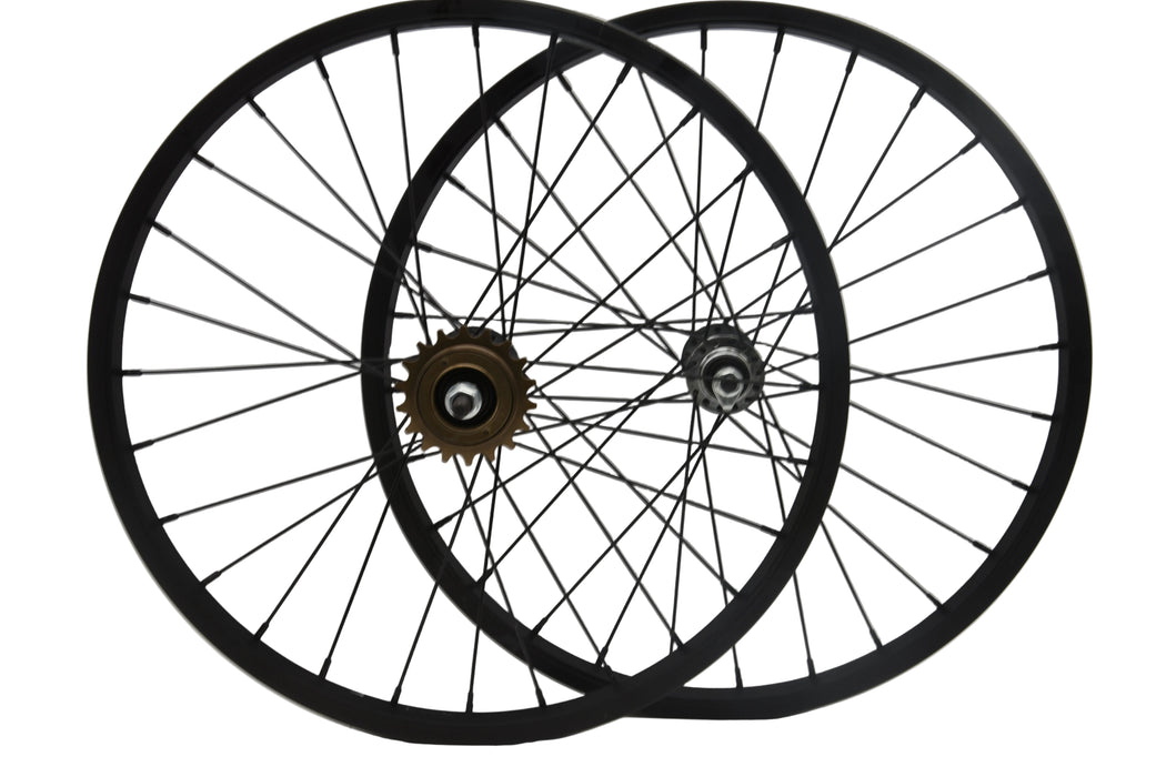 PAIR 20 x 1.75 SINGLE SPEED BLACK WHEELS KIDS BIKE 406 - 21 RIM + 18 Teeth FREEWHEEL