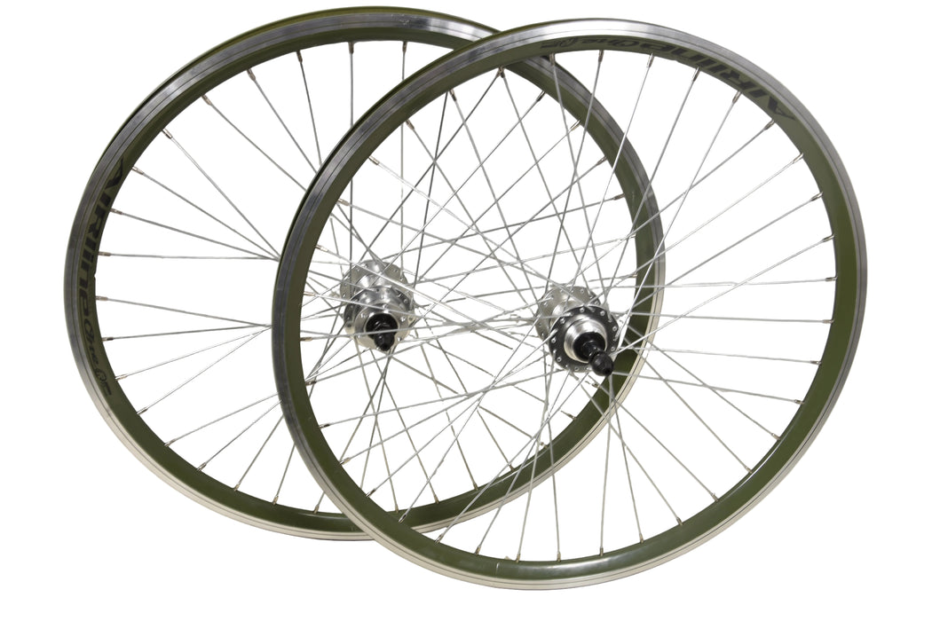 PAIR WHEELS 26" MTB DISC BRAKE HUB GREEN AIRLINE DOUBLE WALL RIMS MULTISPEED