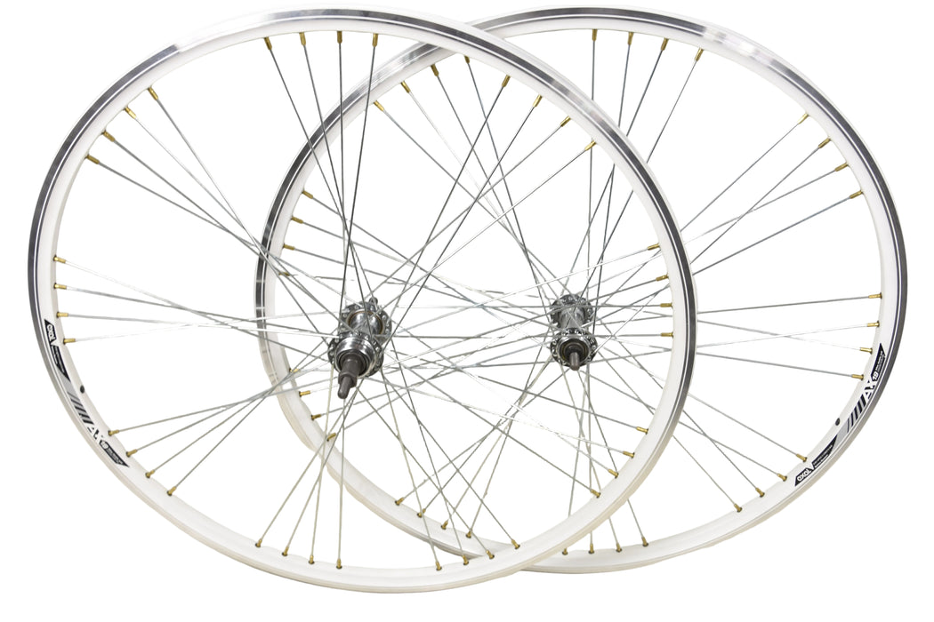 PAIR 700c (28") WHEELS DUAL WALL 9 x 4 SPOKE WHITE RIM (622 x 19c) 6 or 7 SPEED