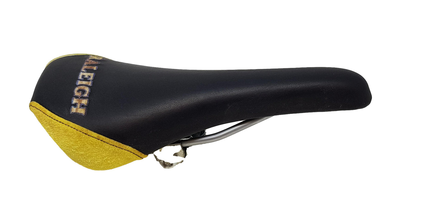 Raleigh Embroidered Saddle For Mountain Bike, Fixie, Any Bike Black & Yellow NOS