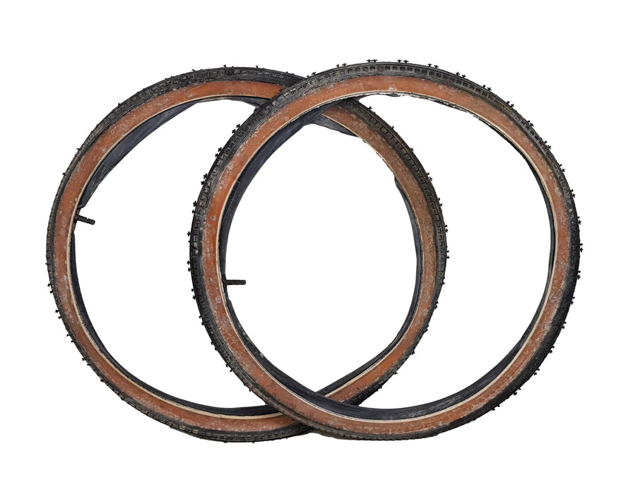 PAIR 24 x1 3-8” VINTAGE JUNIOR RACING BIKE TYRES + TUBES  AMBER WALL STAINED