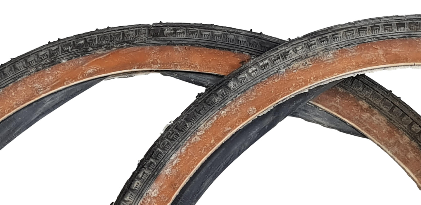 PAIR 24 x1 3-8” VINTAGE JUNIOR RACING BIKE TYRES + TUBES  AMBER WALL STAINED