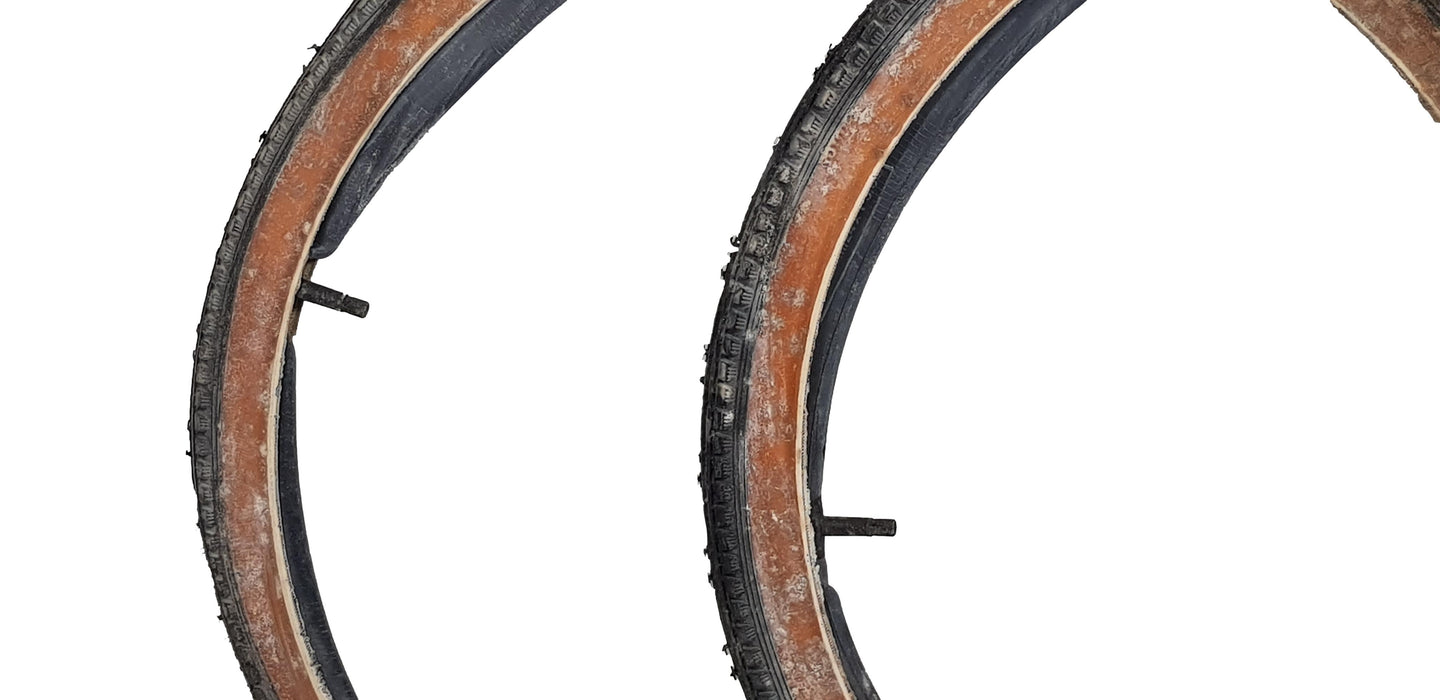 PAIR 24 x1 3-8” VINTAGE JUNIOR RACING BIKE TYRES + TUBES  AMBER WALL STAINED