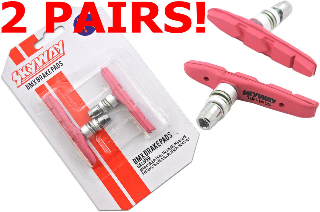 2 PAIRS SKYWAY TUFF BMX BRAKE PADS MAG OR ALLOY WHEEL BLOCKS PINK BRSP