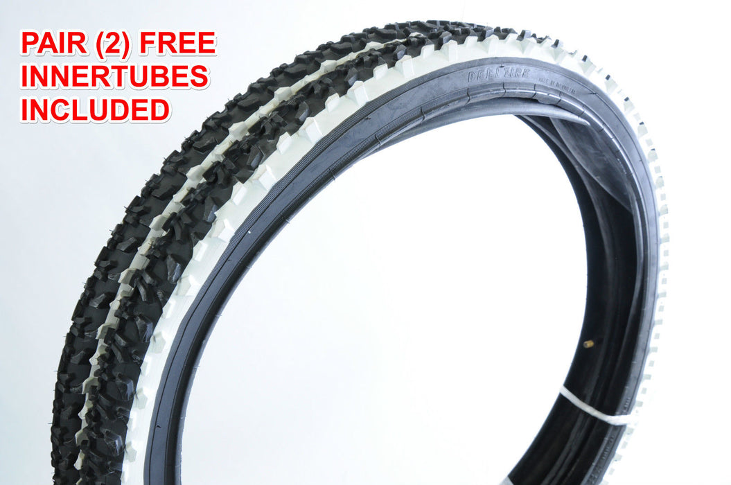 PAIR WHITE SIDE 26 x 2.00 (559 – 54) MTB TYRES + FREE INNER TUBES 2 TONE BLK-WHT