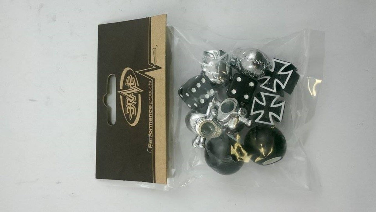 SET 5 PAIRS BMX-BIKE VALVE CAPS;SKULL, DA BOMB, DICE, NO 8, CROSSBONES SALE 75%