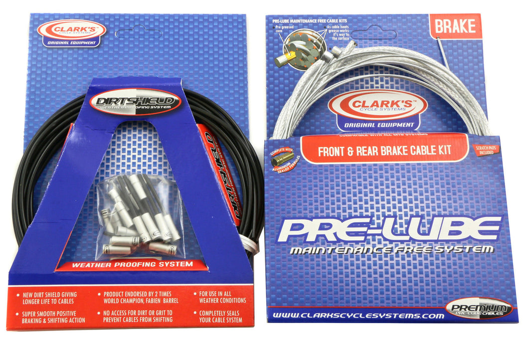 MTB BRAKE CABLE KIT CLARKS BRAIDED SILVER PRE LUBE FULL SET DIRTSHIELD