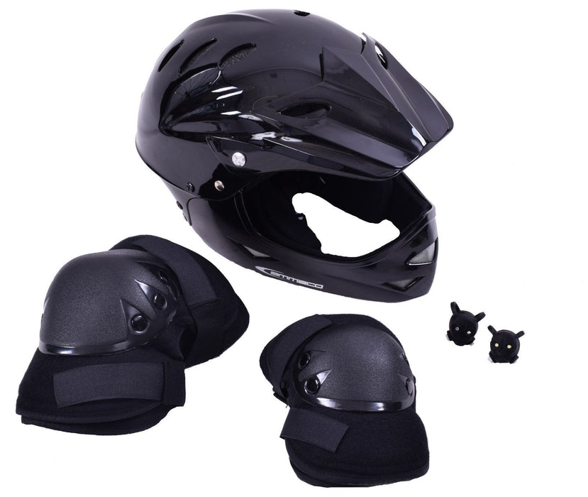 BLACK SERIES BMX BIKE RIDERS PACK: FULL FACE HELMET, PADS, SKULL LED LIGHT