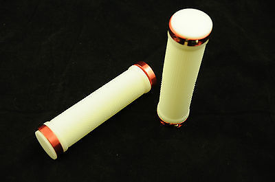 PAIR DOUBLE LOCK ON BIKE HANDLEBAR GRIPS V SMART LOCK ON BOTH SIDES WHITE+RED