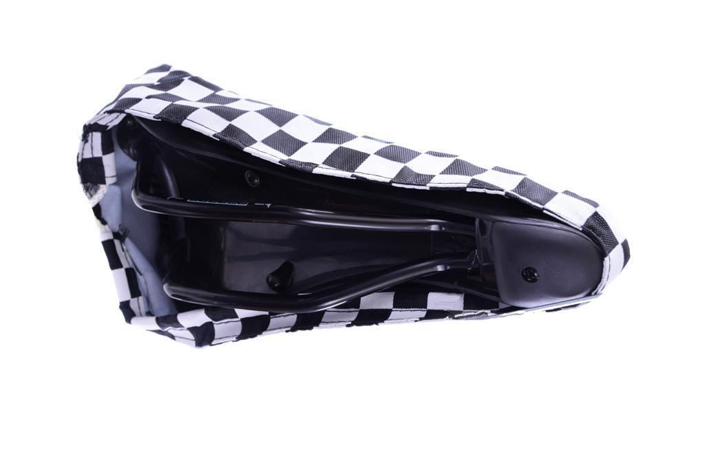 BLACK & WHITE CHEQUERED BIKE SEAT COVER RETRO SUIT BMX, MTB OR ANY CYCLE SADDLE