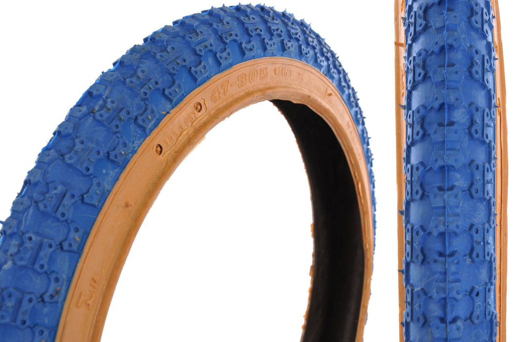 PAIR 16x1.75” MINI BURNER-BMX-KIDS BIKE TYRES BLUE COMPE 3 TREAD GUMWALL