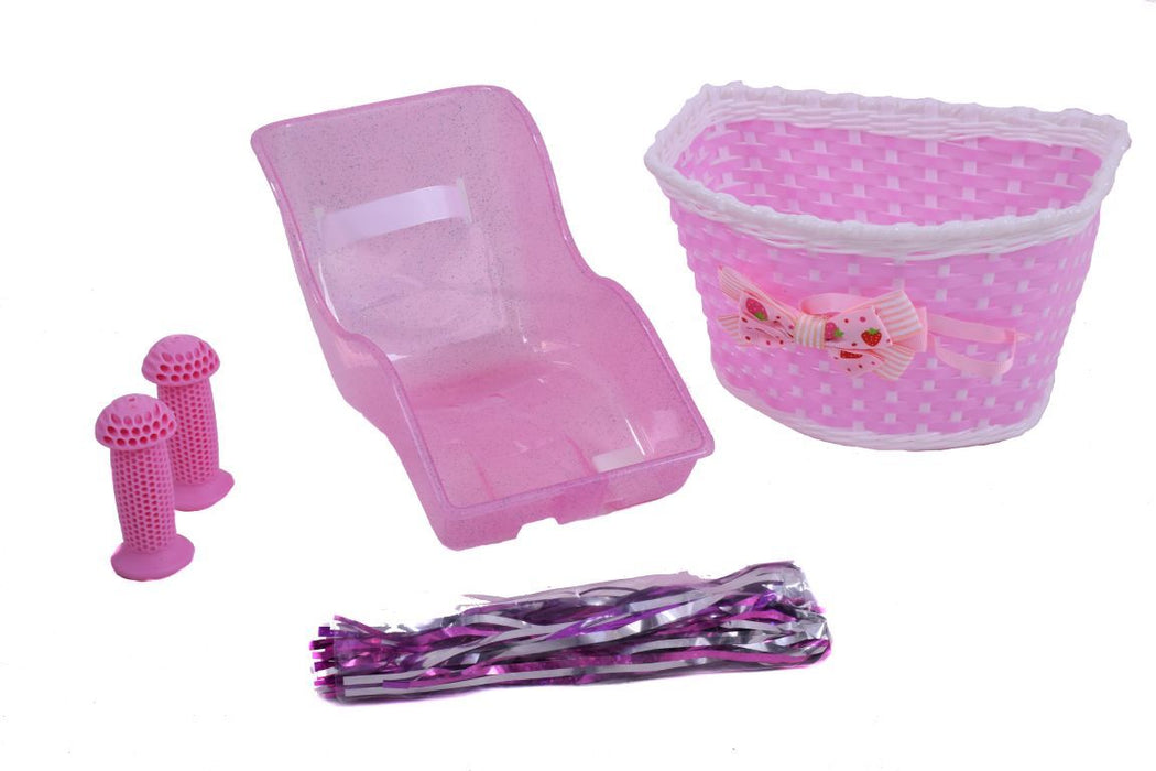 GIRLIE BIKE ACCESSORIES PACK DOLLY SEAT, BASKET, TASSELS & FREE GRIPS PINK