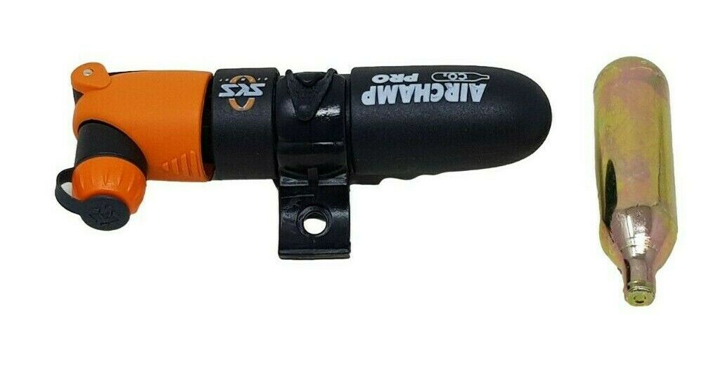 AIRCHAMP PRO MINI BIKE PUMP + CO2 CARTRIDGE FOR PRESTA SCHRADER WOODS VALVES