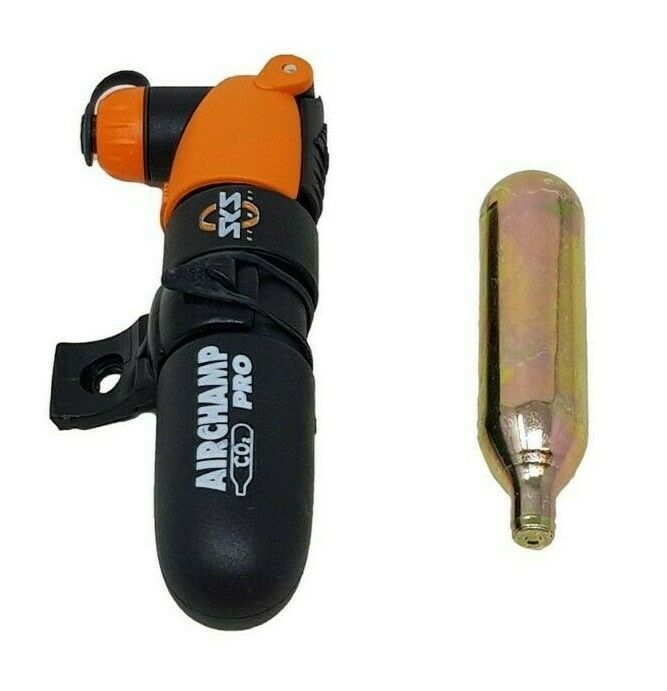 AIRCHAMP PRO MINI BIKE PUMP + CO2 CARTRIDGE FOR PRESTA SCHRADER WOODS VALVES