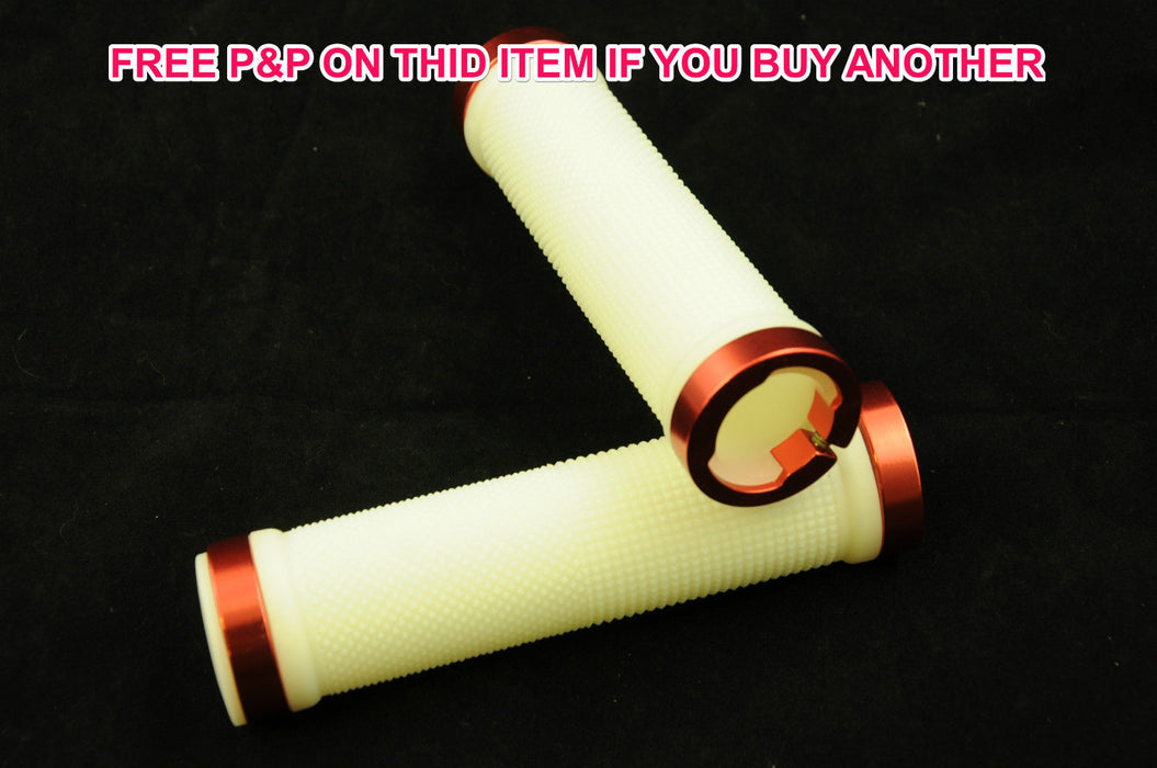 PAIR DOUBLE LOCK ON BIKE HANDLEBAR GRIPS V SMART LOCK ON BOTH SIDES WHITE+RED