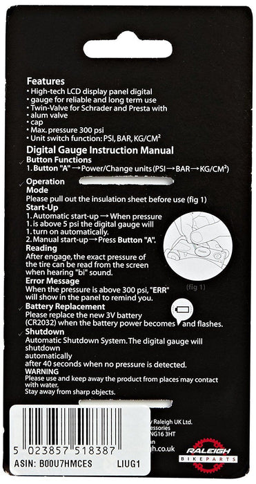 Raleigh Exhale PG1.0 LCD Tyre Pressure Gauge Digital Tool 300 PSI RRP £27.49