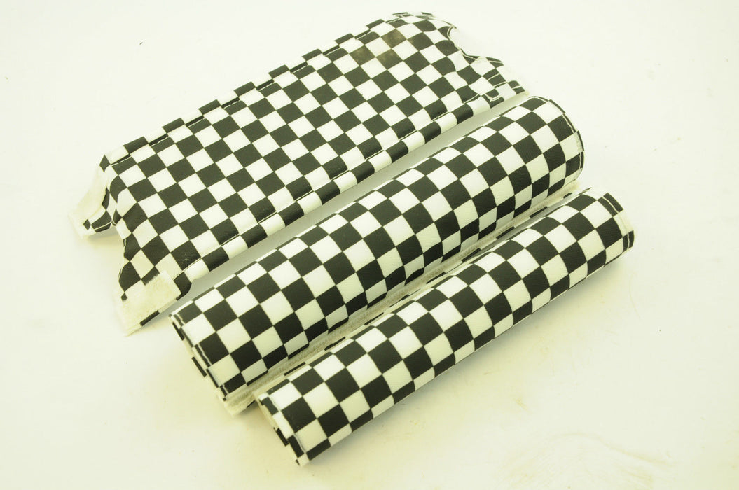 OLD SCHOOL BMX BLACK & WHITE SMALL CHEQUERED PAD TRIPLE SET FRAME,BAR,STEM NOS