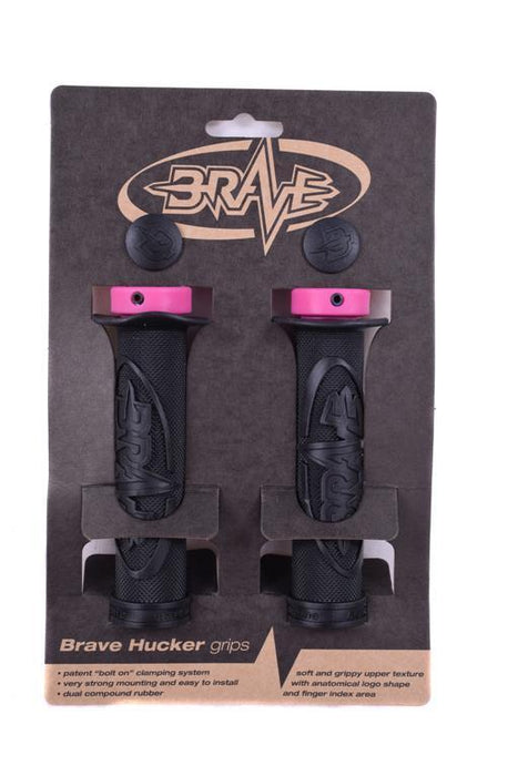 BRAVE 'HUCKER’ HANDLEBAR GRIPS LOCK-ON 22.2mm BLACK WITH PINK LOCK RINGS 65% OFF