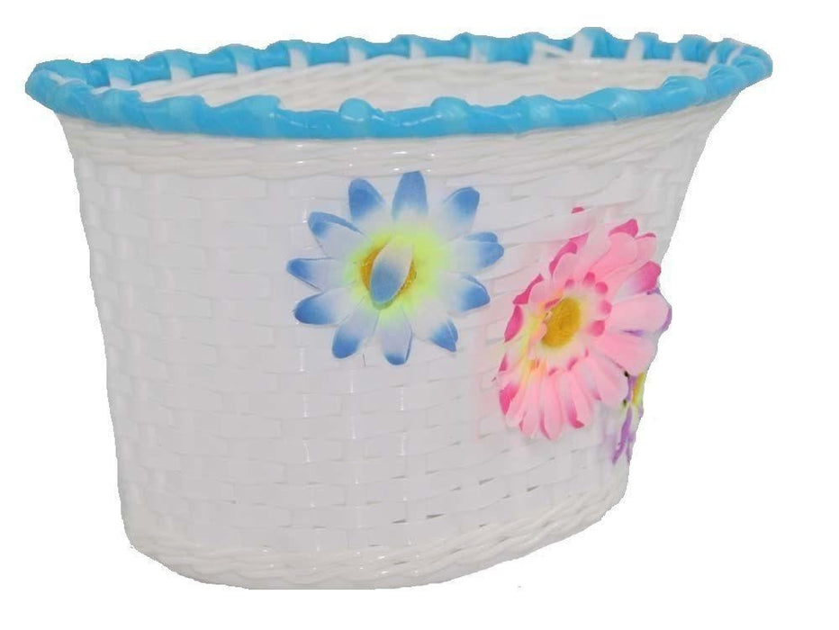 GIRLIE KIDDIES BIKE WICKER BASKET WHITE, PINK & BLUE CUTE FLOWERS GREAT IDEAL PRESENT