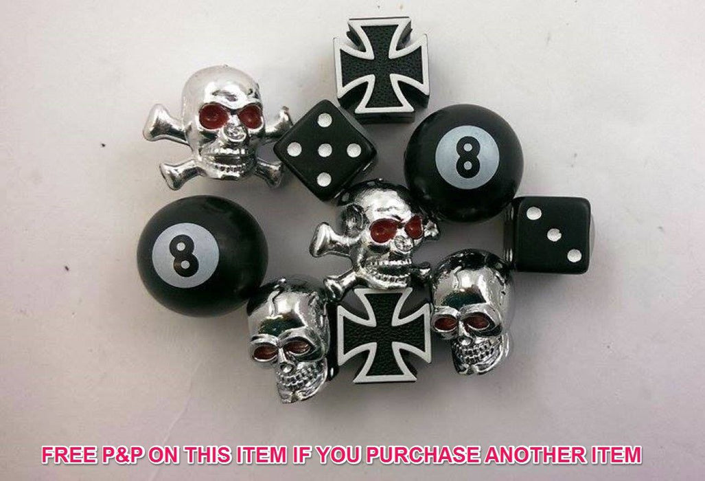 SET 5 PAIRS BMX-BIKE VALVE CAPS;SKULL, DA BOMB, DICE, NO 8, CROSSBONES SALE 75%