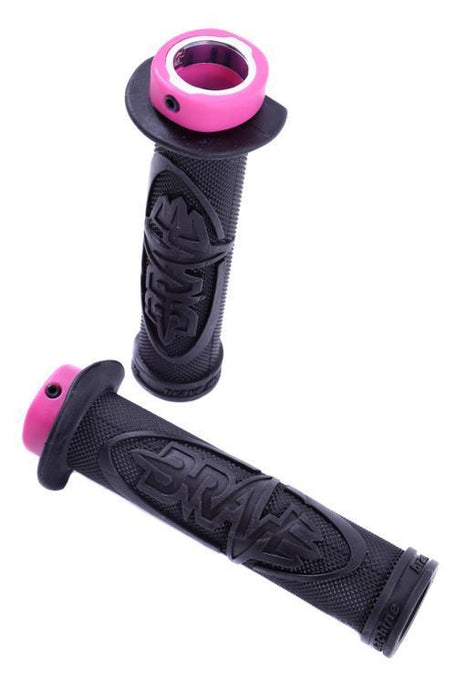 BRAVE 'HUCKER’ HANDLEBAR GRIPS LOCK-ON 22.2mm BLACK WITH PINK LOCK RINGS 65% OFF