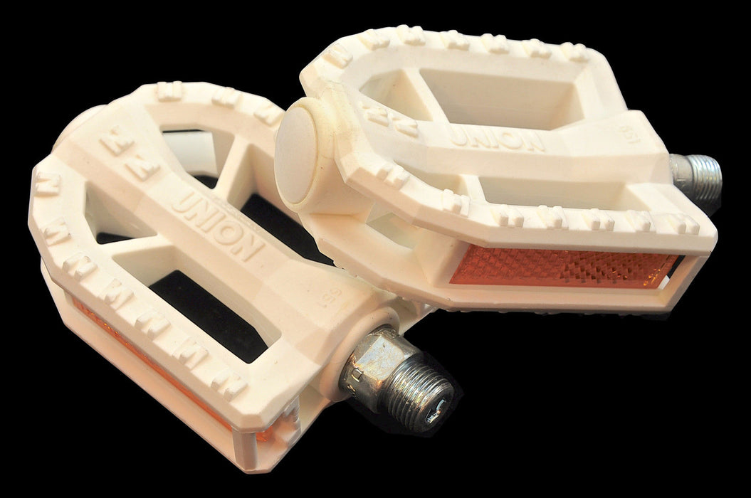 PAIR WHITE BIKE PEDALS TOP BRAND UNION 9-16” JUNIOR MEDIUM SIZE 70mm x 90mm NEW