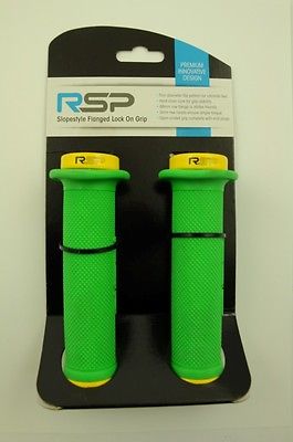 RSP GREEN-YELLOW SLOPESTYLE FLANGE LOCKON HANDLEBAR GRIPS 48mm END PLUGS 60% OFF - Bankrupt Bike Parts