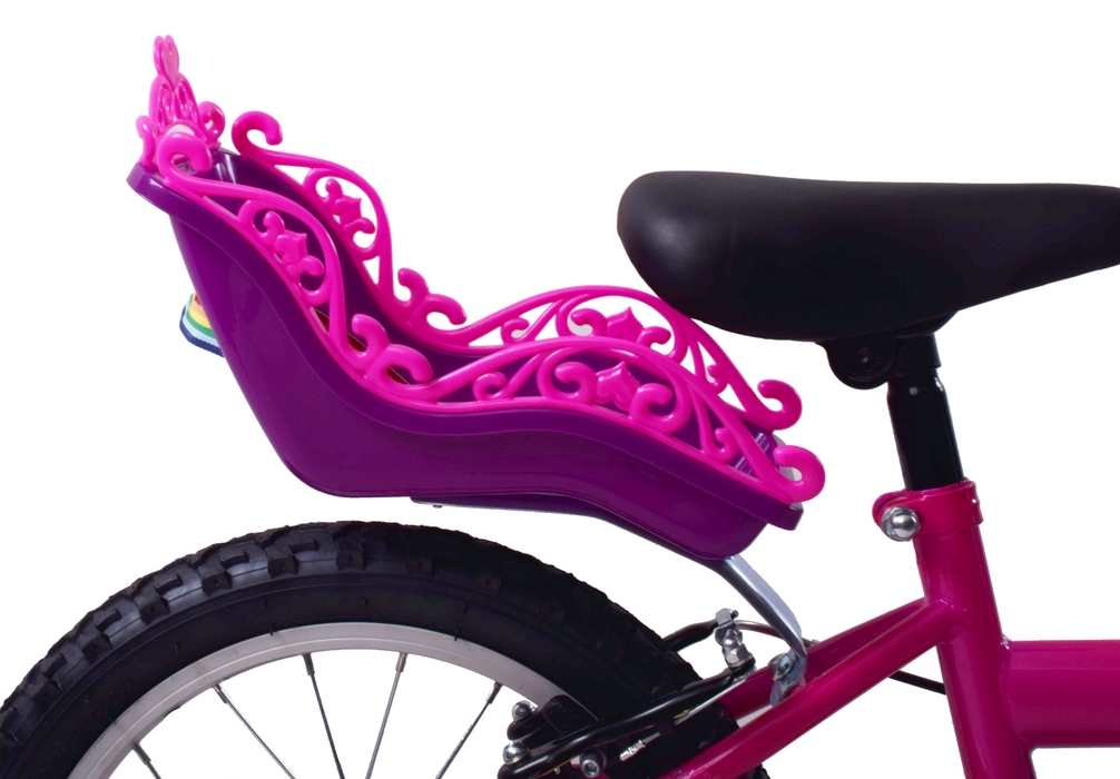 GIRLIE BIKE PINK & PURPLE DOLLY SEAT COMPLETE WITH MOLLY THE DOLLY FABULOUS PRESENT