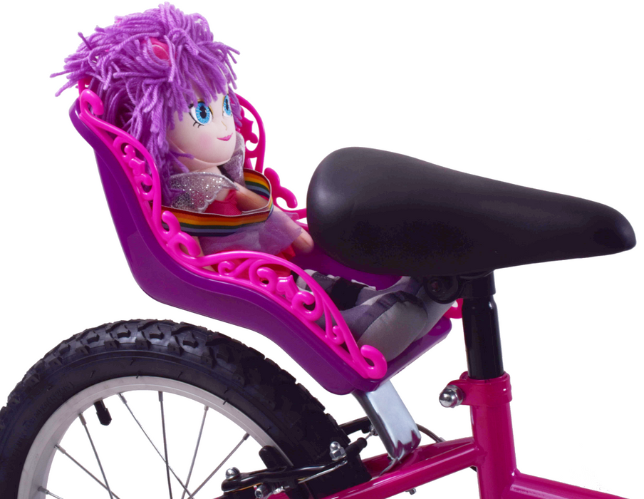 GIRLIE BIKE PINK & PURPLE DOLLY SEAT COMPLETE WITH MOLLY THE DOLLY FABULOUS PRESENT