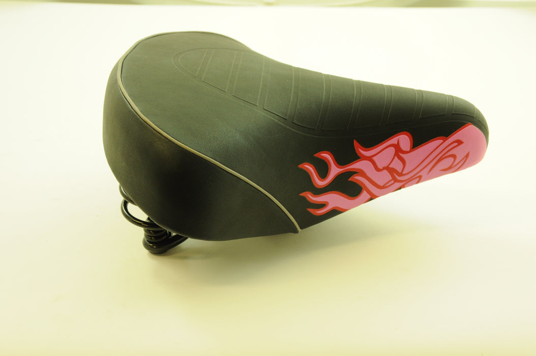 CHILDS BIKE SEAT WIDE COMFORT BIKE SPRUNG SADDLE CRUISER TYPE FLAME PATTERN