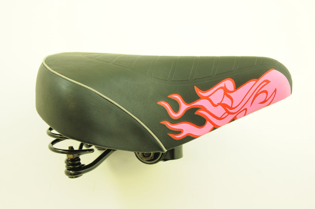 CHILDS BIKE SEAT WIDE COMFORT BIKE SPRUNG SADDLE CRUISER TYPE FLAME PATTERN