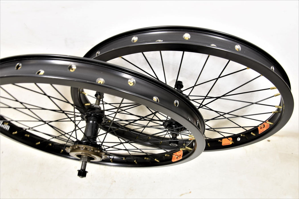 PAIR 20” BMX WHEELS DOUBLE WALL BLACK ALUMINIUM "ALIENATION" WIDE RIMS 3-8" AXLE NEW