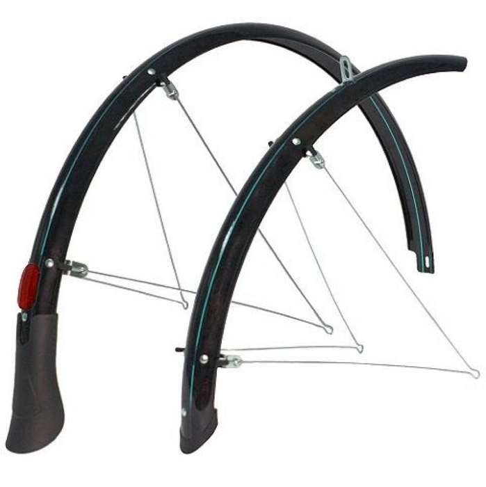 SET VAVERT LIGHTWEIGHT FULL LENGTH MUDGUARDS FOR 24” RACING BIKE, MTB, CITY BIKE, 50mm WIDE, BLACK WITH BLUE LINE