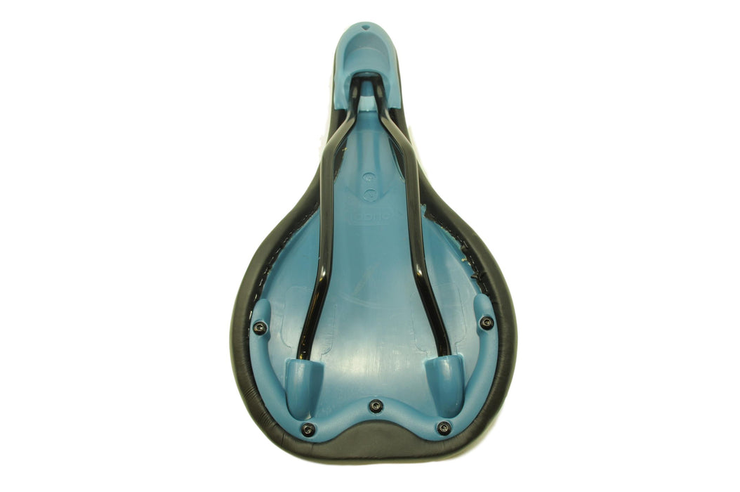 FABRIC SCOOP SPORT RADIUS SADDLE SOFTER FOAM MORE COMFORT BLACK + BLUE UNDERSIDE