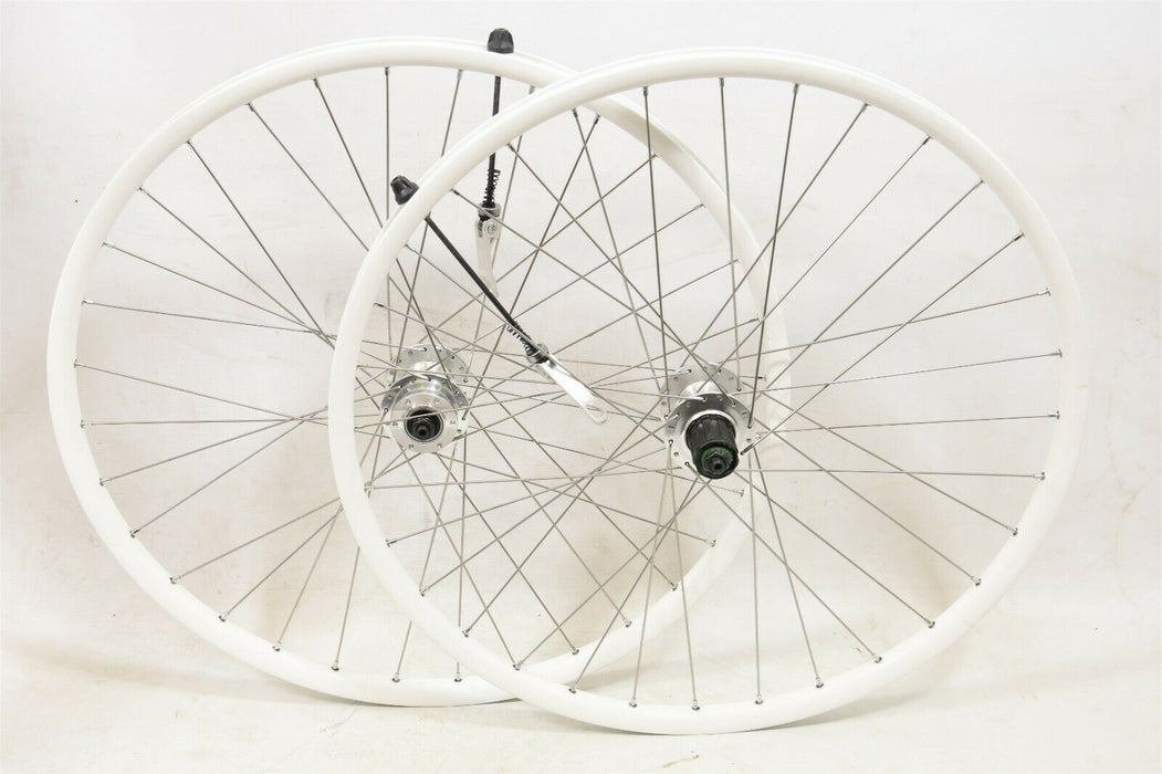 PAIR 26” MTB MOUNTAIN BIKE  WHEELS WHITE RIM (559x19) 8 or 9 SPEED CASSETTE,DISC BRAKE BIKE SALE PRICE