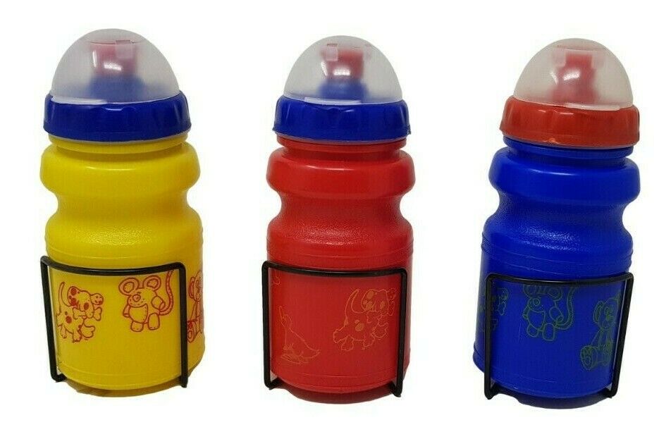 CHILDREN'S ANIMAL'S BIKE WATER BOTTLES WITH CAGES FLIP LID RED YELLOW & BLUE