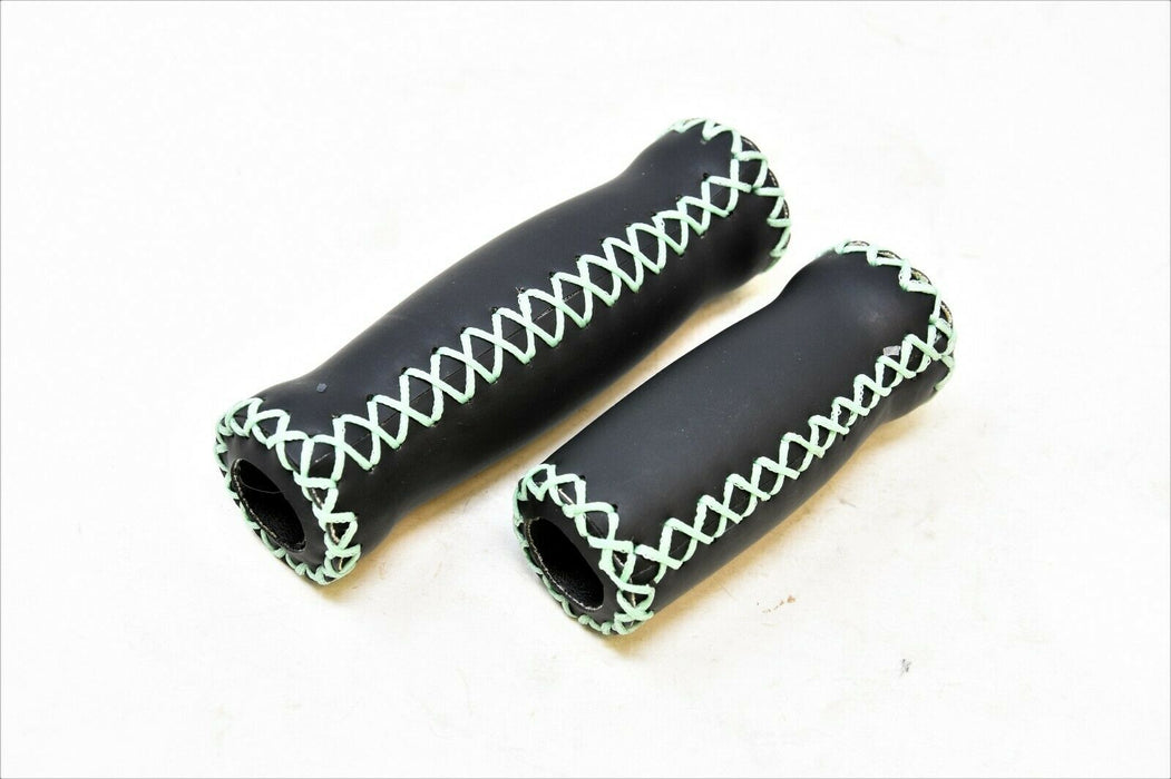 PAIR HANDLEBAR GRIPS 2 LENGTH 125MM + 90MM GREEN “HAND STITCH” LOOK TWIST SHIFT