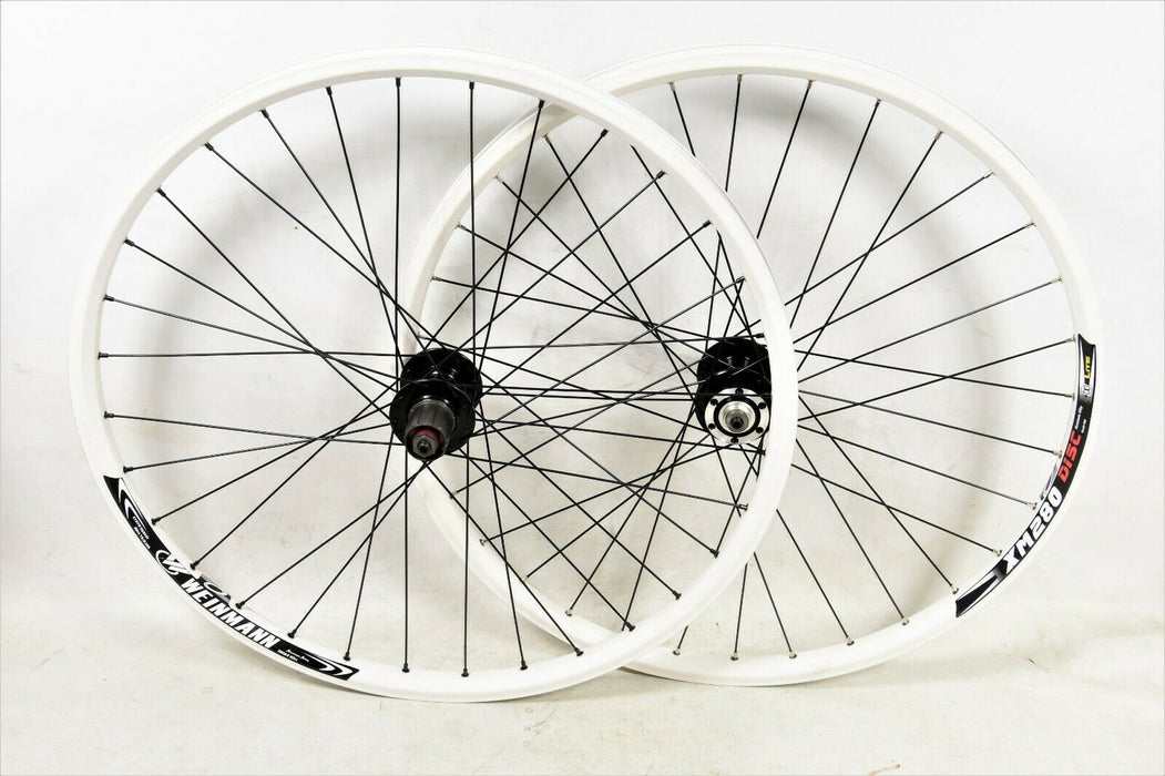 PAIR 26" 559 WHEELS WEINMANN XM280 RIM 8 OR 9 SPD CASSETTE DISC BRAKE BIKE WHITE