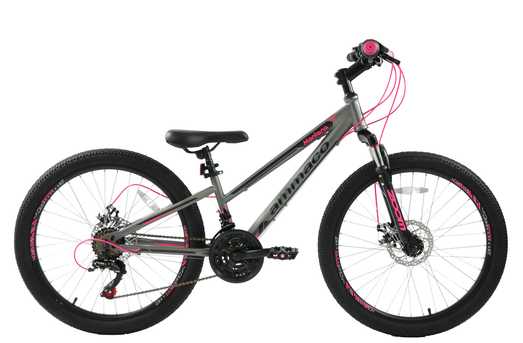 Ammaco Montana 24 Inch Wheel Girls Mountain Bike Disc Brakes Grey/Pink Age 8+