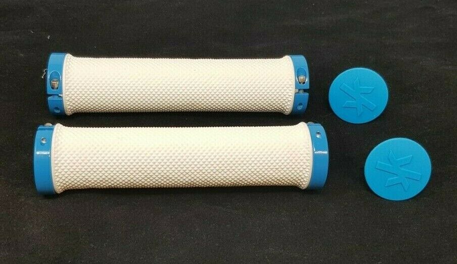 135mm Lock On Handle Bar Grips, White & Blu, Kansi Bikes, Folding Bike, Mtb Bike