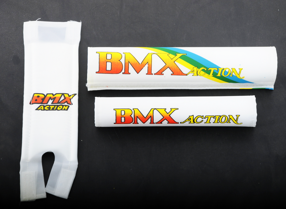 OLD SCHOOL BMX BIKE RETRO 80’s or 90’s 3 PIECE HANDLE BAR-STEM-FRAME PAD SET MEDUIM SIZE WHITE CRASH PAD SET