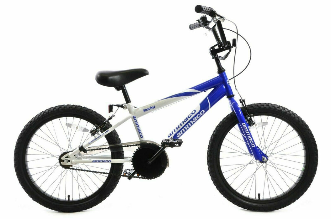 Ammaco Rocky 18" Wheel BMX Kids Boys Childs Blue & White Bicycle Bike Age 6 +